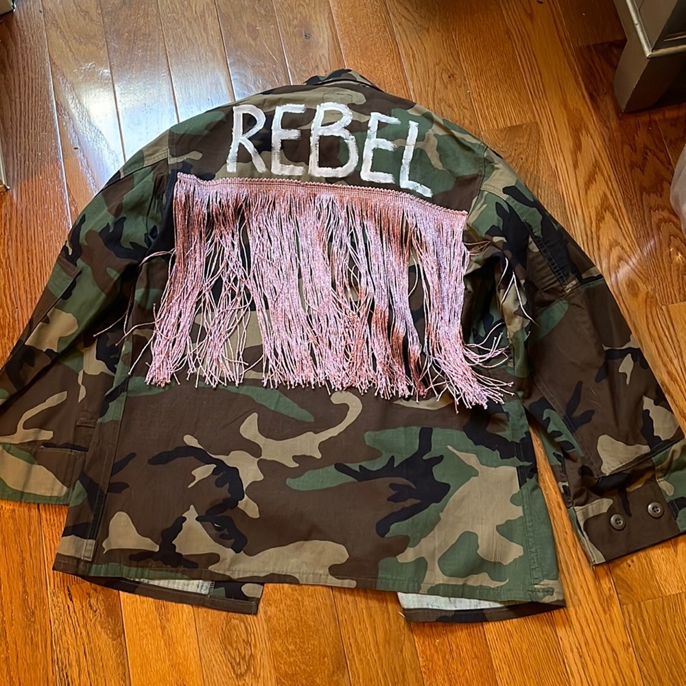 Hand painted embellished rebel camo jacket fringe removed